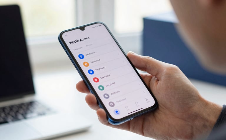 A close-up photograph of a person in a bright North American office environment using a sleek Android smartphone. The screen displays a clean, user-friendly interface for a productivity tool. Soft morning light and a shallow depth of field, highlighting the modern design of the device, with hints of soft white and muted navy blue in the background.