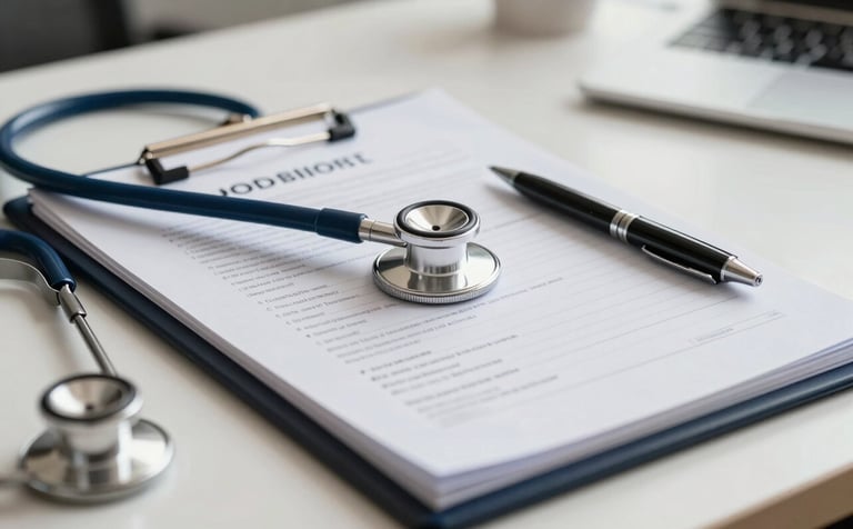 A close-up photograph of a professional medical report on a clean desk, with a stethoscope and a sleek pen, in a modern South American Brazilian office setting, high-end corporate lighting, colors emphasizing dark blue and off-white.