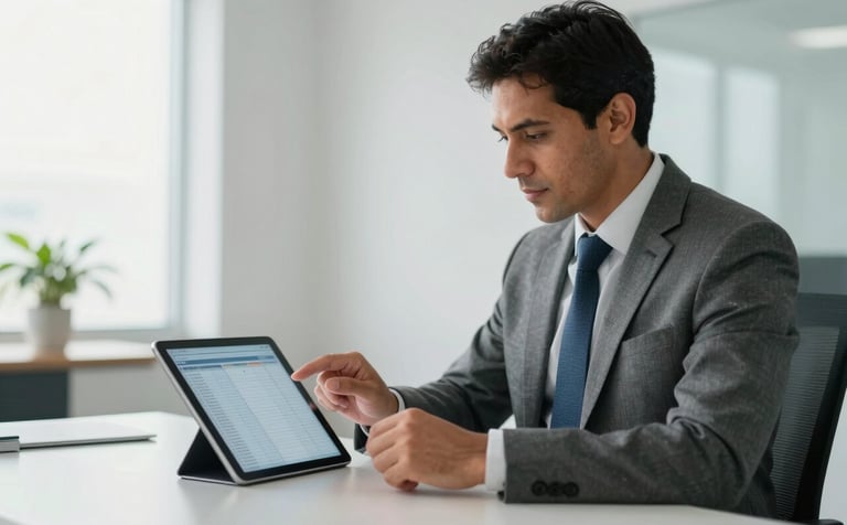 A South American Brazilian professional in formal attire reviewing digital medical charts on a tablet in a modern, bright office, strategic composition, clean lines, professional atmosphere, soft natural lighting.
