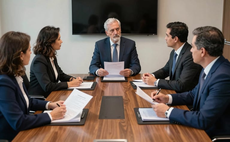 A high-level technical meeting in a professional Brazilian boardroom, lawyers and consultants discussing complex case files, authoritative and trustworthy mood, medium blue and dark blue accents.