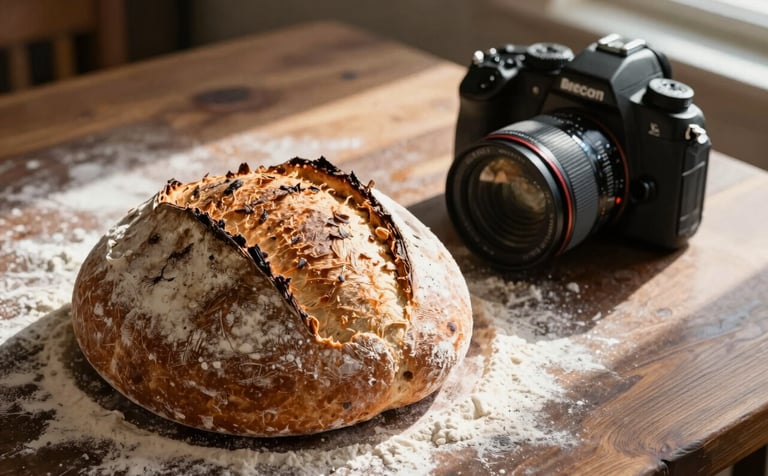 A close-up, high-angle professional photograph of a rustic sourdough loaf on a flour-dusted dark wooden table in a sunlit North American bakery. Beside the bread, a modern DSLR camera is mounted on a tripod, capturing the texture. Warm, natural morning light.