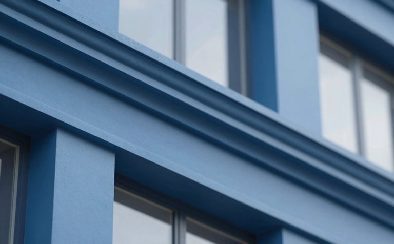 Close-up of a high-quality paint finish on a modern building facade with clean lines and architectural detail. Professional blue tones #4C7B9E are visible in the structural elements. Bright, clear daylight highlighting the professional quality of the exterior finish.