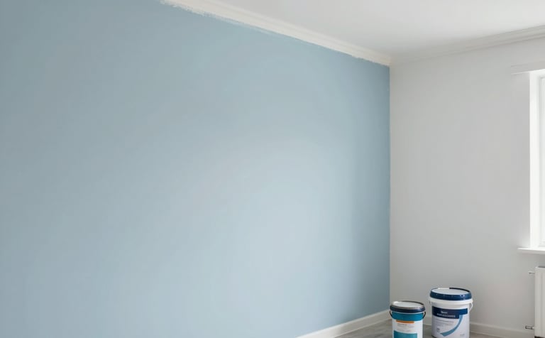 A modern living room with clean white walls and professional painting equipment in the corner. The lighting is bright and natural, showing a perfectly smooth wall finish. Colors include soft blues #A7BCCD and greys #F2F4F7, reflecting a professional residential painting service.