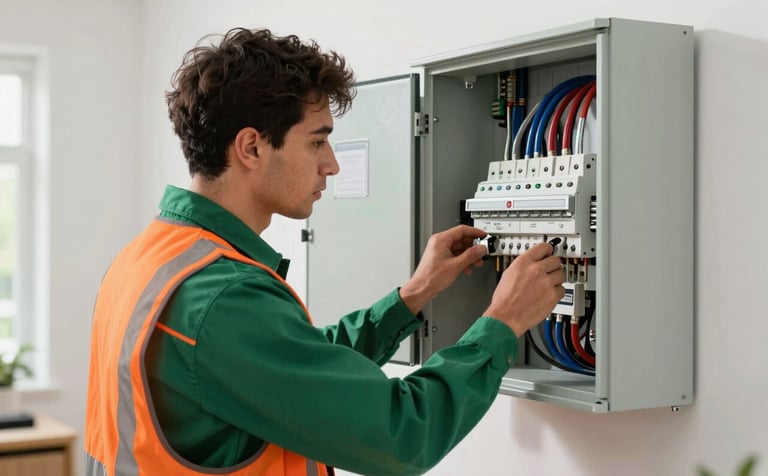 A professional electrician in technical green uniform and industrial orange safety vest, installing a modern electrical panel in a well-lit residential setting. High-quality photography, sharp focus, clean environment.