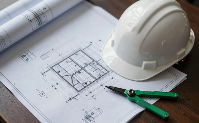 Top-down view of engineering blueprints on a desk next to a white hard hat and technical green drafting tools. Elegant, modern, and professional atmosphere.