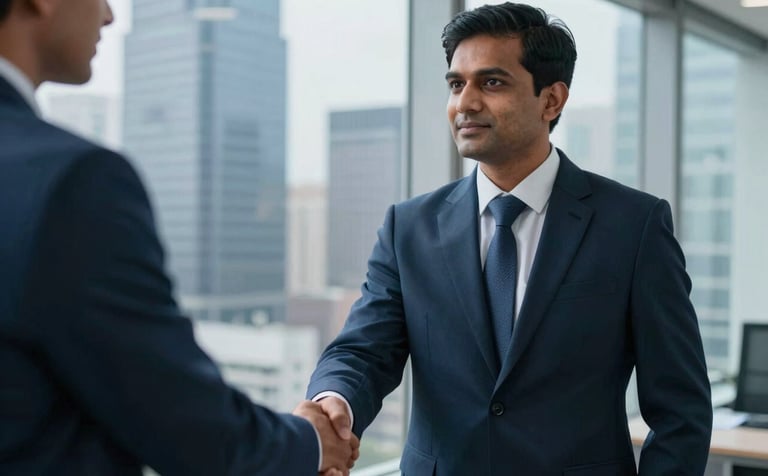 Close-up of a professional South Asian / Indian executive in a tailored suit shaking hands with a colleague in a high-rise office building, looking out over a city skyline, corporate and trustworthy mood with Deep Ocean Blue tones.