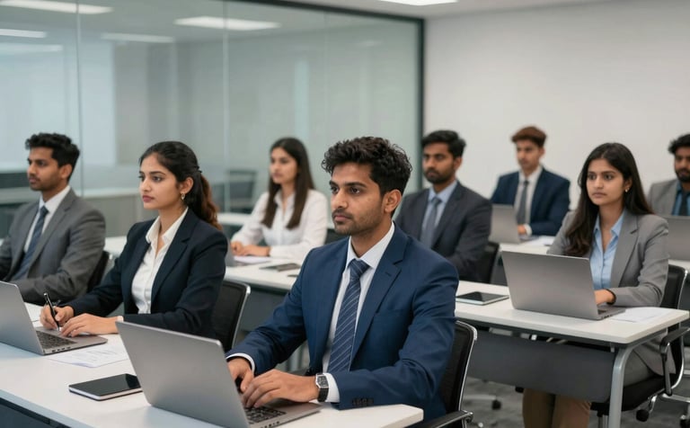 A group of young South Asian / Indian professionals participating in a corporate training workshop in a sleek glass-walled room, featuring high-quality photography with a focus on Professional Steel Blue and Light Greyish White surroundings.