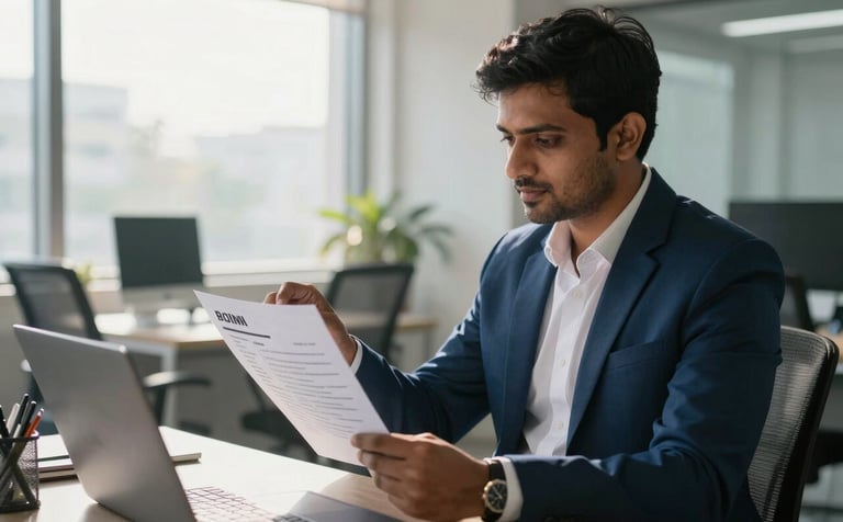 A professional South Asian / Indian hiring manager reviewing resumes in a bright, modern corporate office in Viman Nagar, Pune, with soft morning sunlight filtering through the windows, incorporating subtle Deep Ocean Blue accents in the office decor.