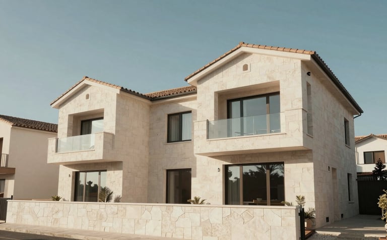 A wide-angle professional photograph of a stunning modern chalet in a Southern European / Spanish residential area. The facade features clean lines, white stone walls, and large windows. Architectural photography style using soft off-white and sky blue tones.