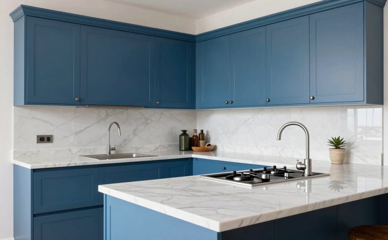 A bright and modern kitchen in a Southern European / Spanish home. The cabinets are in steel blue and countertops are polished white marble. Professional lighting highlights the modern craftsmanship.