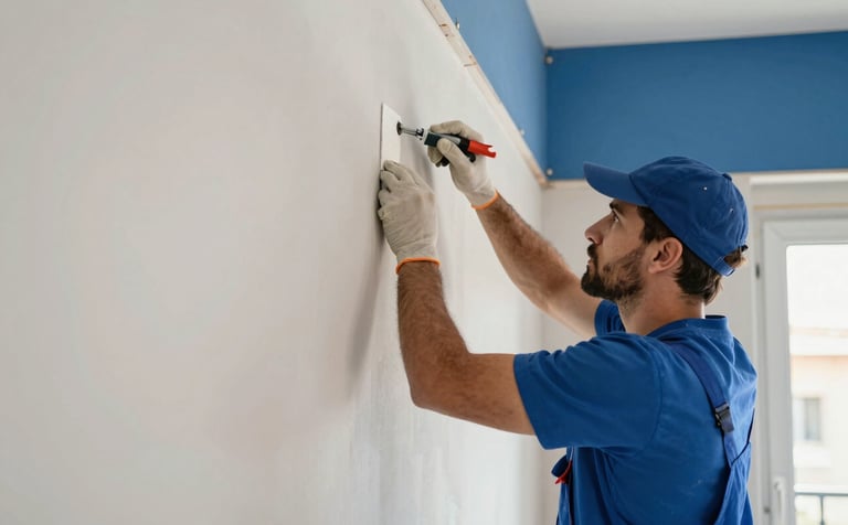 A clean interior scene of a professional installer working on a smooth plasterboard wall in a Southern European / Spanish apartment. Bright lighting and steel blue accents in the environment.