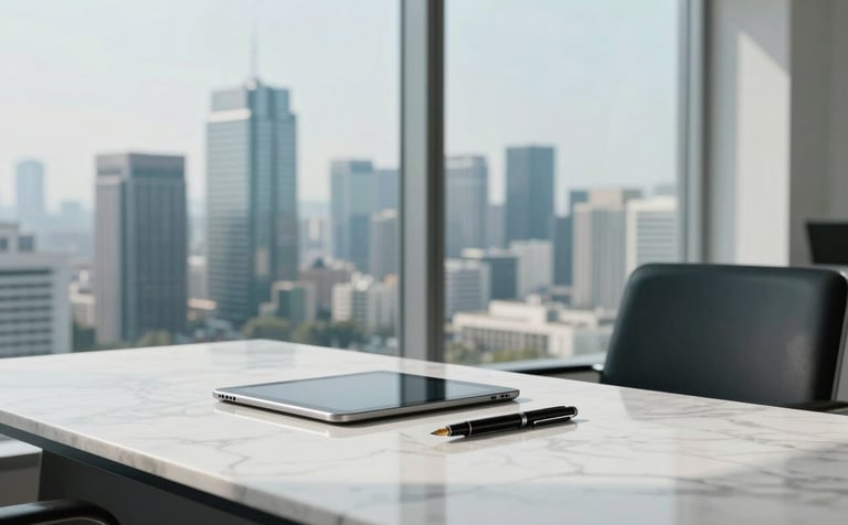A high-end, minimalist office setting in a skyscraper overlooking a modern city skyline. A polished marble desk features a tablet and a fountain pen. Clean composition with soft morning light. Mood of authority and trust. Global / Spanish-speaking context. Palette includes white and dark teal.