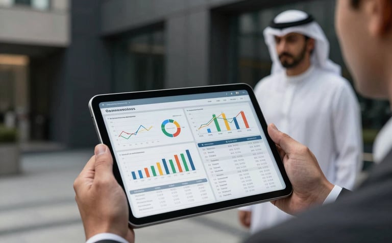 A sophisticated close-up of a tablet showing real estate charts and investment data, held by a professional in a Middle Eastern / Turkish corporate environment. The background features high-end architectural elements in dark charcoal and grey tones.