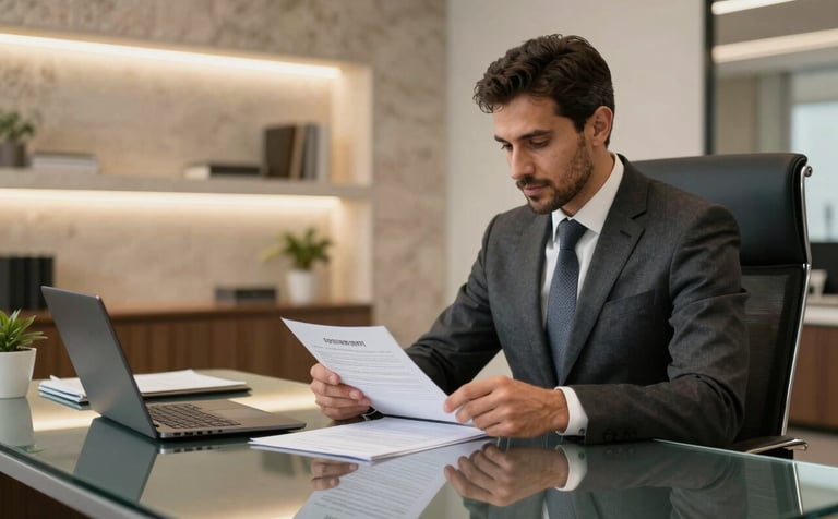 A professional real estate consultant in a modern Middle Eastern / Turkish office setting, reviewing property contracts on a sleek glass desk. The atmosphere is professional and sophisticated, with soft lighting and accents of warm stone beige and grey.