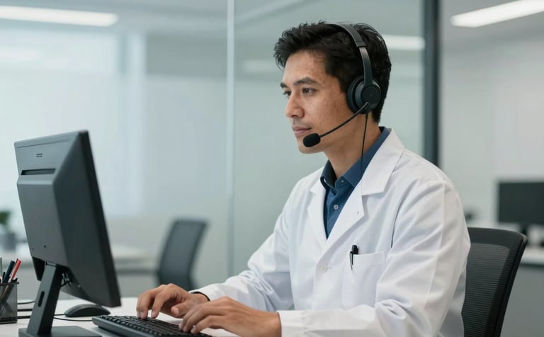 A professional South American health consultant wearing a headset and a white clinical coat, working in a bright, modern office with glass walls. The scene reflects high-quality care and clinical precision, using professional lighting and a palette of dark blue and light grey.