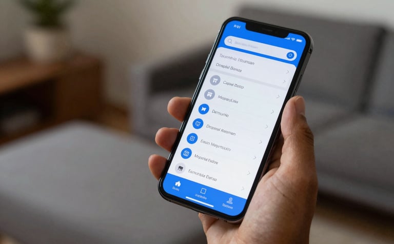 Close-up of a hand holding a smartphone in a South American domestic setting, displaying a digital dental health application with a clean UI. The lighting is warm and inviting, using a palette of medium blue and grey to convey efficiency and modern care.