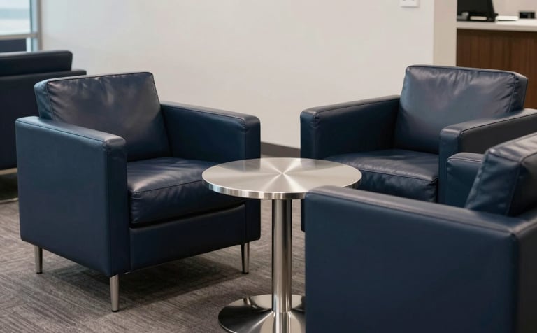 A clean and modern North American corporate lounge area with deep navy leather armchairs and a polished steel table. The lighting is soft and professional, emphasizing a discreet and supportive business environment without showing people.