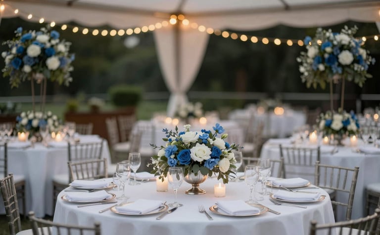 An elegant North American wedding reception venue at dusk. Blurred warm lights in the background, a focus on a table with white linens and steel blue floral arrangements, capturing the essence of a formal, high-stakes social occasion.
