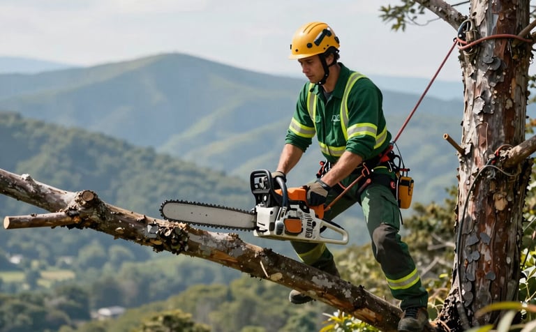 A professional tree removal scene featuring an arborist in high-visibility safety gear using a chainsaw on a large limb. The composition is grounded and serious, with the Blue Ridge mountains visible in the hazy background. Lighting is clear daylight. Incorporates deep greens #1A2C21 and warm gold accents in the equipment.