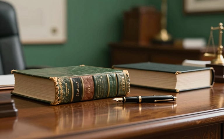 Inside a sophisticated South American / Brazilian law office, a close-up of a wooden desk with antique law books and a fountain pen, soft warm lighting, Forest Green accents in the decor, reflecting trust and authority.
