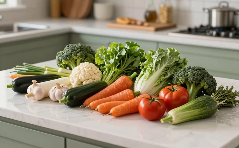 A bright North American / US kitchen counter displaying a vibrant array of fresh, whole vegetables and gluten-free ingredients. The shot is clean and professional with a natural feel, using sage green and tan accents in the background.