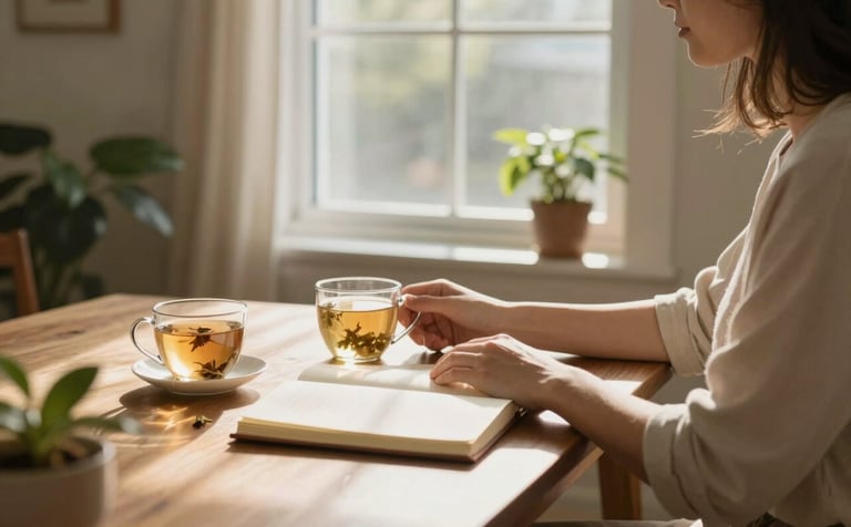 A serene North American / US home setting with soft morning light streaming through a window. A person is sitting peacefully at a wooden table with a journal and a cup of herbal tea, surrounded by green houseplants. The atmosphere is calm and empowering, featuring cream and tan tones.