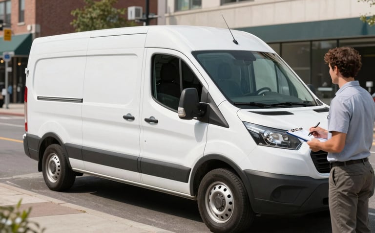 A professional white service van with clean branding parked neatly on a city street in North America. A technician is seen handing a clipboard to a satisfied customer. The background is a clean urban environment under a clear sky, conveying convenience and efficiency.