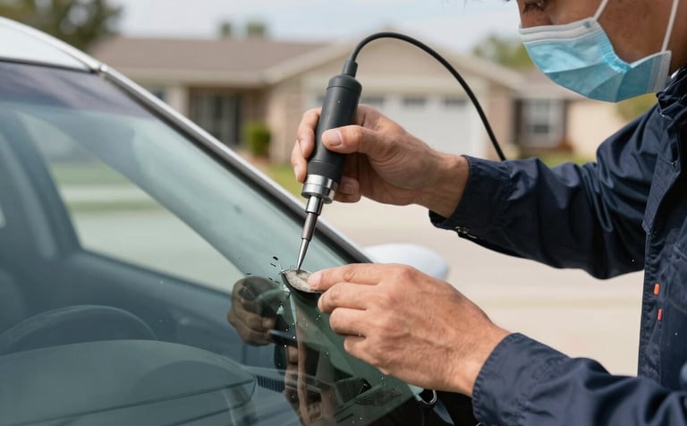 A close-up photograph of a professional technician in a clean uniform using a high-precision resin tool to repair a small rock chip on a car windshield. The scene is set in a bright North American suburban driveway during the day. The lighting is clear and natural, emphasizing the professional and reliable service.