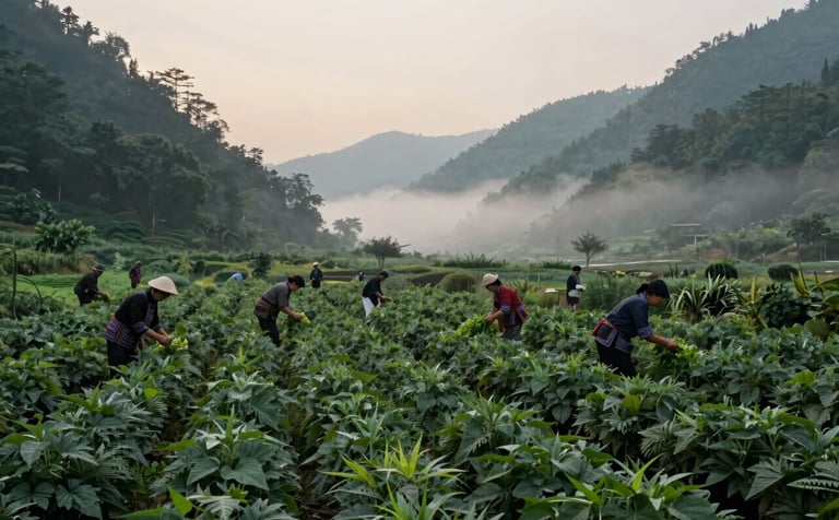 A wide-angle landscape photograph of a lush herbal garden in a misty valley. Local residents in traditional dress are harvesting green plants. The foliage is a rich dark forest green, and the morning sky is a soft pale cream. The style is clean, modern, and trustworthy.