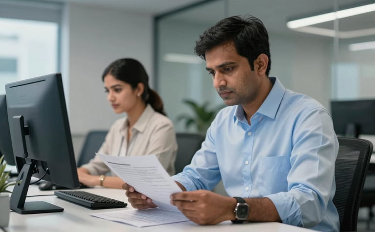 A professional South Asian / Indian supervisor in a light blue shirt checking reports with a female computer operator in a modern, clean office setting. The environment looks efficient and organized with steel grey-blue accents.