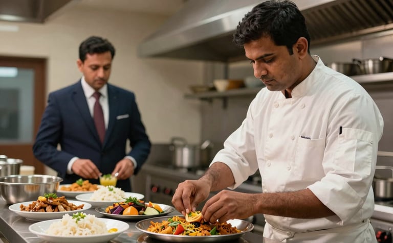 A South Asian / Indian chef (Rasoiya) in a white uniform preparing traditional food in a professional, modern kitchen. In the background, a hotel manager in a sharp suit is overseeing the operations, conveying a mood of efficiency.