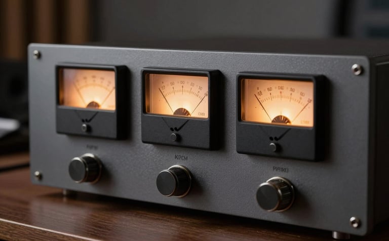 Close-up of a high-end rack-mounted microphone preamplifier in a Chinese studio. Analog VU meters glow with a soft amber light. The dark grey metallic texture of the equipment is sharp and clean. Professional studio setting, realistic lighting, zero-rendering style.