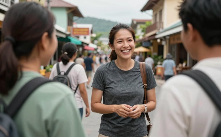 A smiling, enthusiastic teacher exploring a vibrant Southeast Asian / Thai coastal town setting, interacting cheerfully with friendly locals. The mood is adventurous and inviting. Colors: dark slate grey, sage green, soft off-white.