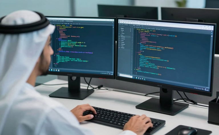Over-the-shoulder shot of a software expert analyzing code on dual monitors in a high-tech Middle Eastern / Gulf corporate setting. The room uses a palette of Soft Sky Blue and Muted Teal Blue. Professional cinematic lighting.