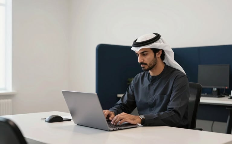 A professional programmer in a minimalist, modern Middle Eastern / Gulf office workspace, working on a thin high-end laptop. The environment is clean with Pale Off-White walls and Dark Navy Blue furniture accents. Natural morning light fills the room.