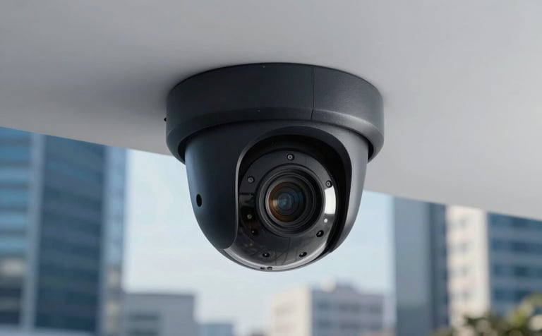 A sleek, black dome security camera mounted on a white ceiling of a modern professional office in a Latin American city. Soft morning light, sharp focus, conveying technical sophistication. Palette includes deep blue and light grey.