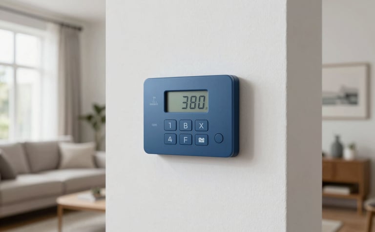 A sleek digital alarm keypad on a minimalist wall in a contemporary Latin American living room. The room is bright with soft natural lighting. Professional photography, secure and tranquil mood. Palette includes medium blue and white.