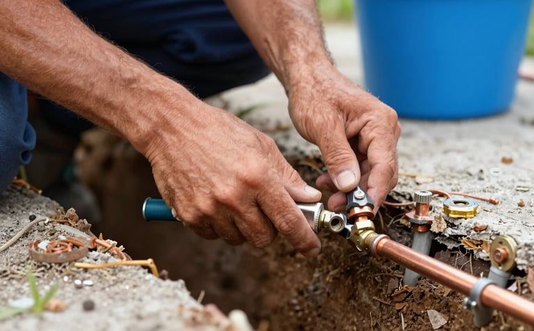 Close-up of a professional plumber's hands expertly repairing a water line in a North American / US - Florida garden trench. The scene highlights efficiency and technical skill, featuring clean copper piping and professional-grade tools against a background of sky blue and deep navy accents.