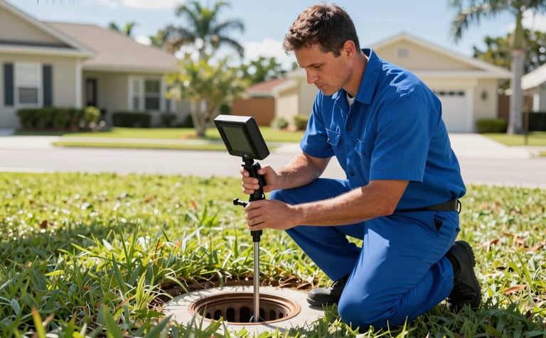 A professional plumbing technician in a North American / US - Florida residential setting, kneeling by a cleanout pipe and using a high-tech camera inspection monitor. The technician wears an ocean blue uniform. The background shows a well-kept suburban lawn under bright, clear Florida sunlight.