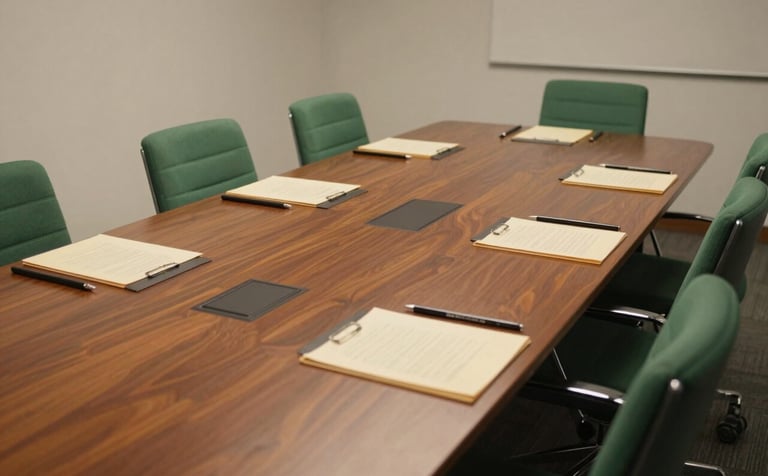 A world-class corporate boardroom in North America / Mexico. The scene features a large tobacco-colored table, forest green minimalist chairs, and parchment-toned stationery, reflecting a professional and forward-thinking environment.