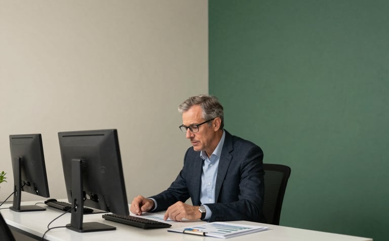 A sophisticated Scandinavian-style office space in North America / Mexico with clean parchment-colored walls and matte forest green decor. A senior director is seen in a candid moment of daily management, reviewing charts on a sleek desk.