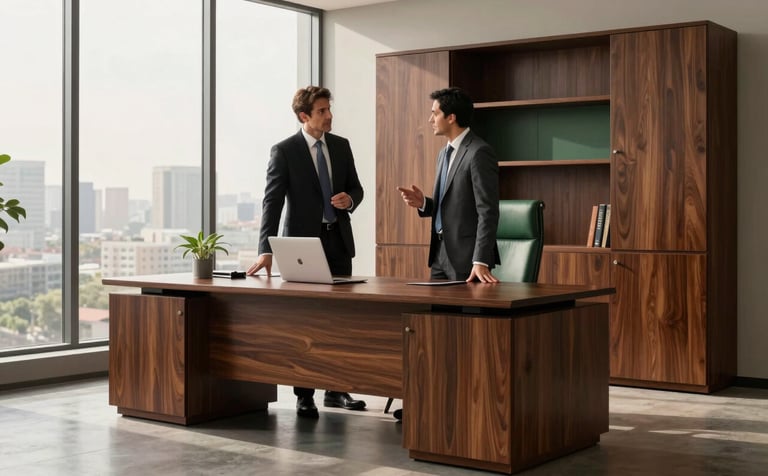 A high-end corporate office in North America / Mexico featuring deep tobacco brown wooden furniture and forest green leather accents. Two professionals in modern business attire are engaged in a strategic discussion near a large window with soft morning light.