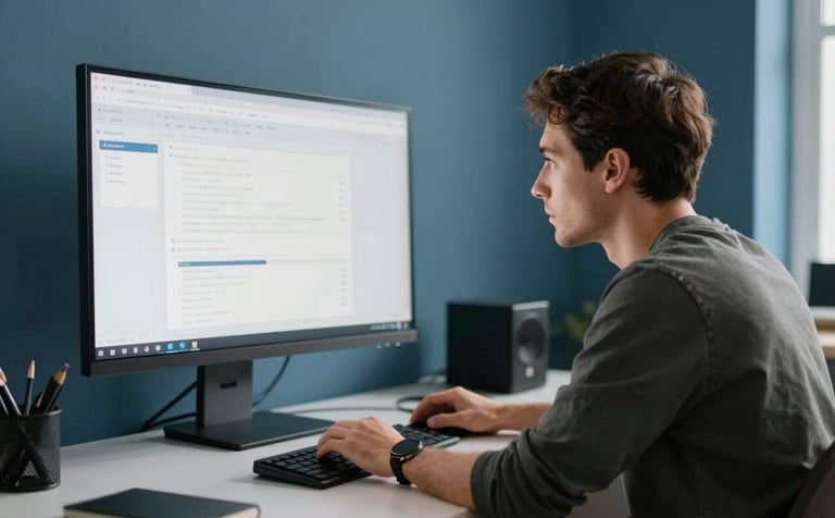 A professional designer working in a modern North American / US studio. They are focused on a large high-resolution monitor displaying a clean interface. The room features Alice Blue walls and Dark Slate Navy accents. Soft, natural daylight creates a forward-thinking and sophisticated mood.