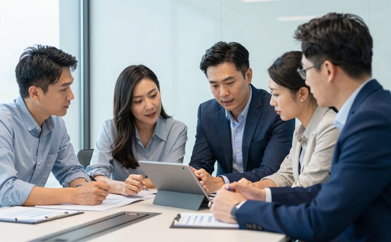 A collaborative team of professionals in a bright, modern North American / US conference room. They are looking at a tablet together, discussing analytics. The environment is clean with Alice Blue and Sky Blue highlights, conveying confidence and expertise.