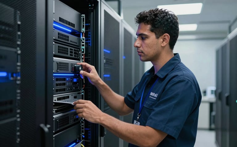 A technician wearing a professional uniform inspecting a server rack in a high-tech data center located in a Latin American / Hispanic corporate building, featuring deep ocean blue accent lights.