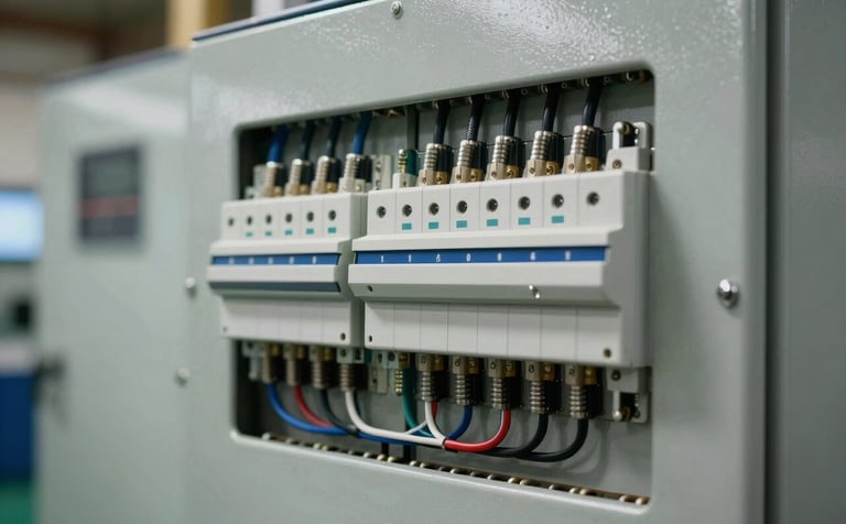 A close-up of a high-quality electrical distribution board with neatly organized wiring in a Middle Eastern / Turkish industrial facility. Professional lighting and sharp details.