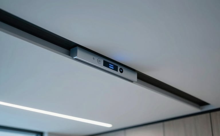 A view of high-tech recessed ceiling lights and smart control panels in a sleek Middle Eastern / Turkish corporate office. The color palette features steel blue and cool misty white tones.