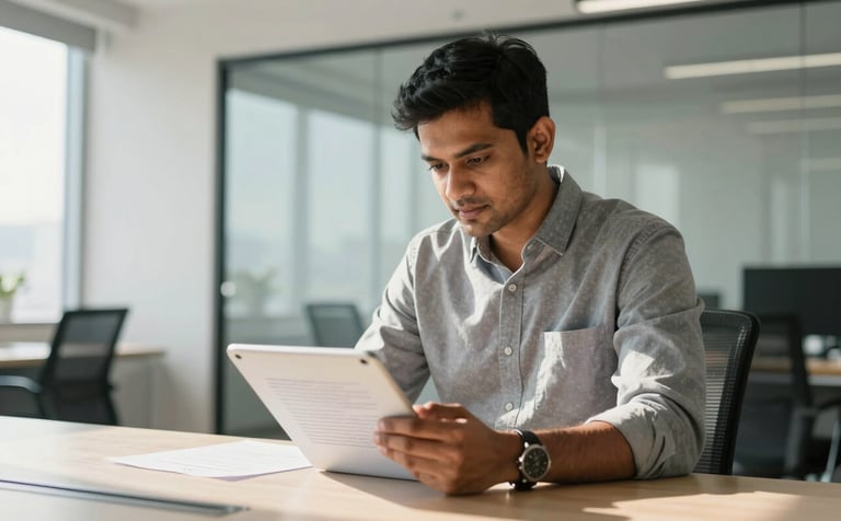 A focused South Asian professional man in business casual attire working in a sunlit, modern office in Mumbai. He is reviewing a legal document on a tablet. The background features clean glass partitions and subtle Off-white and Steel Blue accents. Professional, modern photography style.