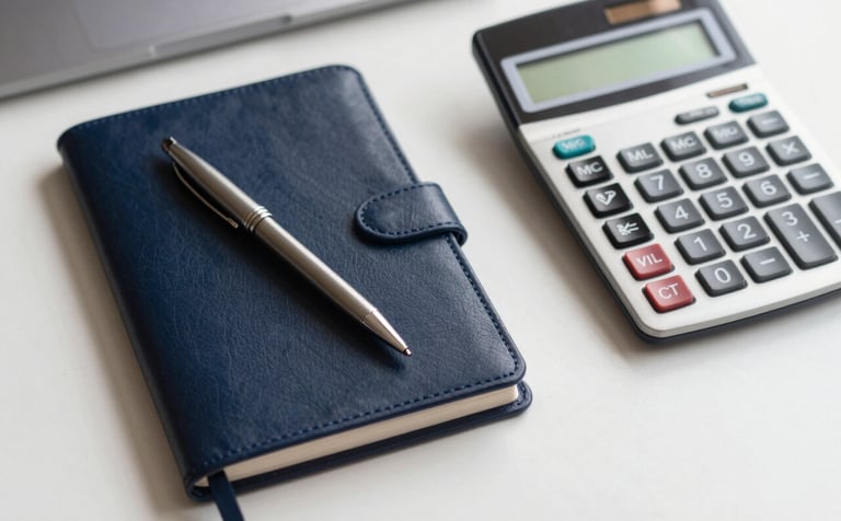A close-up, top-down shot of a tidy Indian corporate workspace. A high-quality pen rests on a leather-bound notebook next to a modern calculator. The scene is illuminated by soft, natural morning light, featuring a palette of Dark Navy and Off-white. Authoritative and sophisticated.