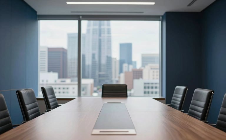 An wide-angle architectural shot of a contemporary corporate meeting room in a high-rise building. Through the window, a blurred South Asian urban skyline is visible. The interior is decorated in professional Blue and Dark Navy tones. Clean, minimalist, and efficient atmosphere.